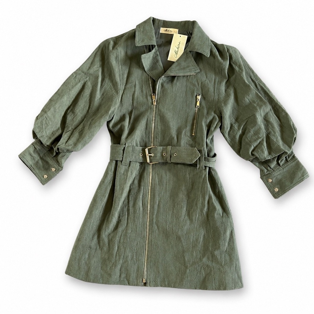 Mahina Small Green Linen Blend Belted Zip Up Coat Jacket NWT